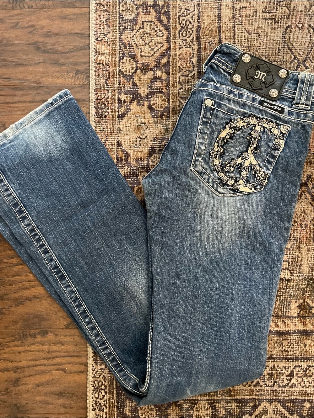 Miss Me Blue Embroidered Peace Sign Boot Cut Jeans